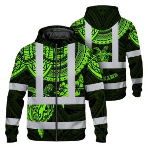 Hi Vis Zip Hoodie Shirt Reflective Tapes Green Turtle Flower Hawaiian Polynesian Tribal Custom Name Safety Workwear For Workers, Truckers, Operators