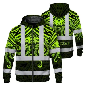 Hi Vis Zip Hoodie Shirt Reflective Tapes  Octopus Hawaiian Polynesian Tribal Custom Name Safety Workwear For Workers, Truckers, Operators