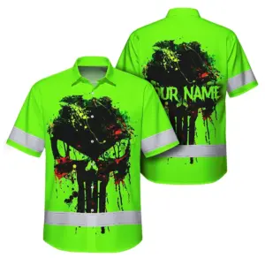 High Visibility Hawaiian Shirt Green Neon Reflective Paint Plash Skull Custom Name