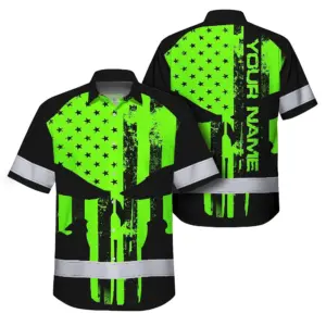 High Visibility Hawaiian Shirt Green Neon Skull America Flag Custom Name Safety Workwear For Skull Lover