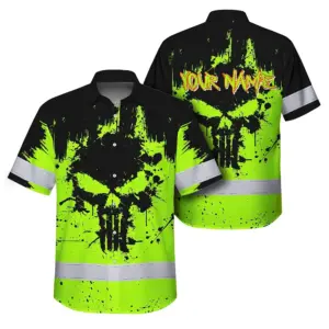 High Visibility Hawaiian Shirt Reflective Green Neon Skull Custom Name Safety Workwear For Workers, Runners, Truckers, Skull Lovers
