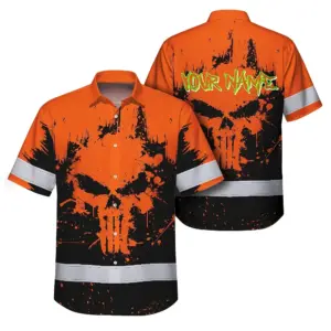 High Visibility Hawaiian Shirt Reflective Orange Neon Skull Custom Name Safety Workwear For Workers, Runners, Truckers, Skull Lovers