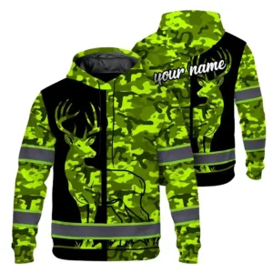 High Visibility Hoodie Camo Hunting Deer Design, Reflective Hi Vis Custom Name Hoodie For Hunting Lover