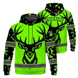 High Visibility Hoodie Deer Hunting Design, Reflective Hi Vis Custom Name Hoodie For Hunting Lover