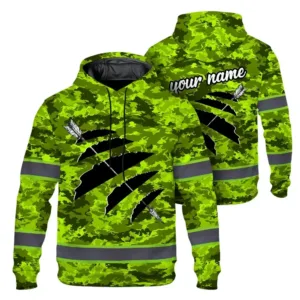 High Visibility Hoodie Green Neon Pattern Camo Hunting Design, Reflective Hi Vis Custom Name Hoodie For Hunting Lover