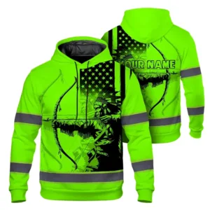 High Visibility Hoodie Green Neon US Native Flag Hunting Design, Reflective Hi Vis Custom Name Hoodie For Hunting Lover