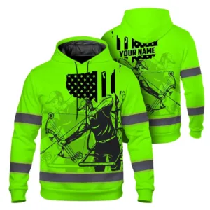 High Visibility Hoodie Green US Flag Hunting Design, Reflective Hi Vis Custom Name Hoodie For Hunting Lover