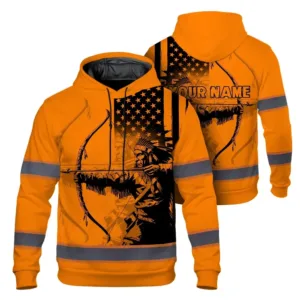 High Visibility Hoodie Orange Neon US Native Flag Hunting Design, Reflective Hi Vis Custom Name Hoodie For Hunting Lover