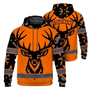 High Visibility Hoodie Pattern Camo Hunting And Deer Design, Reflective Hi Vis Custom Name Hoodie For Hunting Lover