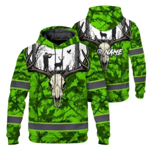 High Visibility Hoodie Pattern Camo Hunting And Skull Deer Design, Reflective Hi Vis Custom Name Hoodie For Hunting Lover
