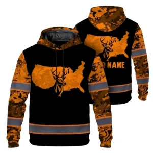 High Visibility Hoodie Pattern Deer And Map US With Hunting Design, Reflective Hi Vis Custom Name Hoodie For Hunting Lover