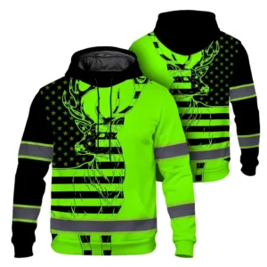 High Visibility Hoodie US Flag And Deer Hunting Design, Reflective Hi Vis Custom Name Hoodie For Hunting Lover
