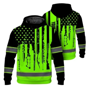High Visibility Hoodie US Flag Hunting Design, Reflective Hi Vis Custom Name Hoodie For Hunting Lover