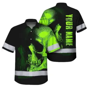 Neon Green Skull Hi Vis Hawaiian Shirt With Custom Name Designed For Runners, Truckers, And Skull Lovers