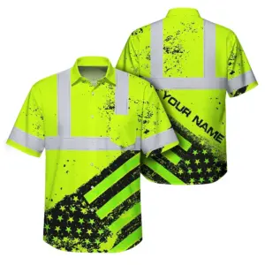 Safety Shirt Yellow Neon Reflective USA Flag Hi Vis Hawaiian Shirt Workwear ANCI Class 3
