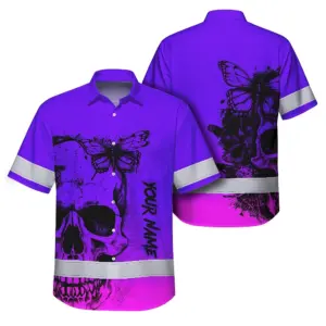 Violet Neon Skull With Butterfly Hi Vis Hawaiian Shirt - Personalized for Safety Workwear