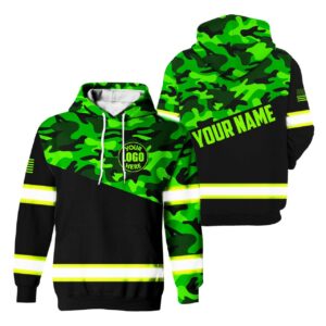 Hi Vis Hoodie Reflective Tapes Green And Black Camo Neon Canada Safety Workwear For Workers, Runners, Cyclists, Patriotic