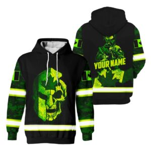 Hi Vis Hoodie Reflective Camo Green Neon Skull With Canada Flag Veteran Custom Name Safety Workwear For Workers, Runners, Cyclists, Patriotic