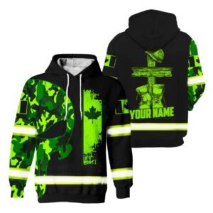 Hi Vis Hoodie Reflective Canada Flag Green Neon Veteran Custom Name Safety Workwear For Workers, Runners, Cyclists, Patriotic