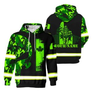 Hi Vis Hoodie Reflective Green Neon Camo Skull With Canada Flag Veteran Custom Name Safety Workwear For Workers, Runners, Cyclists, Patriotic