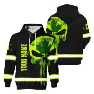 Hi Vis Hoodie Reflective Green Neon Skull Canada Flag Custom Name Safety Workwear For Workers, Runners, Cyclists, Patriotic