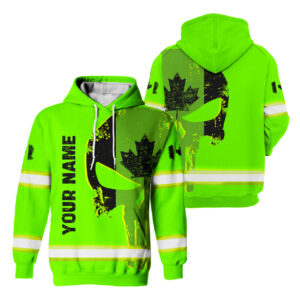 Hi Vis Hoodie Reflective Green Neon Skull With Canada Flag Custom Name Safety Workwear For Workers, Runners, Cyclists, Patriotic