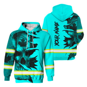 Hi Vis Hoodie Reflective Tapes Blue Neon Skull Canada Flag Scratch Custom Name Safety Workwear For Workers, Runners, Cyclists, Patriotic