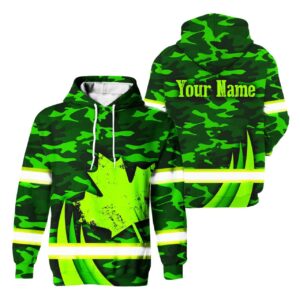 Hi Vis Hoodie Reflective Tapes Green And Black Camo Neon Canada Safety Workwear For Workers, Runners, Cyclists, Patriotic