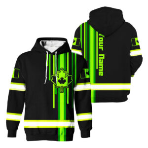 Hi Vis Hoodie Reflective Tapes Green And Black Color Canada Flag Safety Workwear For Workers, Runners, Cyclists, Patriotic