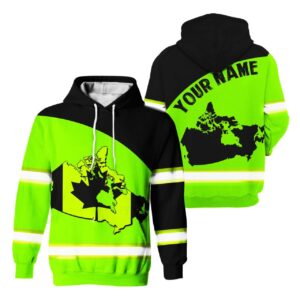 Hi Vis Hoodie Reflective Tapes Green Black Color Canada Map Flag Safety Workwear For Workers, Runners, Cyclists, Patriotic