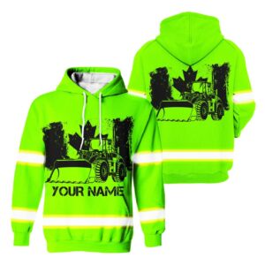 Hi Vis Hoodie Reflective Tapes Green Loader Operator Canada Flag Custom Name Safety Workwear For Operators, Workers, Runners, Cyclists