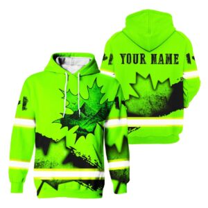 Hi Vis Hoodie Reflective Tapes Green Neon Black Canada Flag Paint Flakes Safety Workwear For Workers, Runners, Cyclists, Patriotic