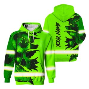 Hi Vis Hoodie Reflective Tapes Green Neon Skull Canada Flag Scratch Custom Name Safety Workwear For Workers, Runners, Cyclists, Patriotic