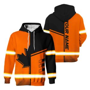 Hi Vis Hoodie Reflective Tapes Orange And Black Neon Canada Flag Safety Workwear For Workers, Runners, Cyclists, Patriotic