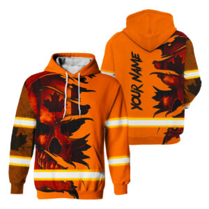 Hi Vis Hoodie Reflective Tapes Orange Neon Skull Canada Flag Scratch Custom Name Safety Workwear For Workers, Runners, Cyclists, Patriotic