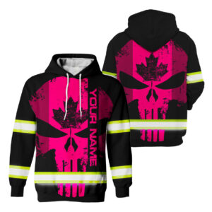 Hi Vis Hoodie Reflective Tapes Pink Neon Skull With Canada Flag Construction Safety Workwear For Workers, Runners, Cyclists, Patriotic