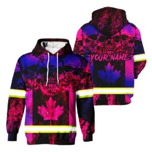 Hi Vis Hoodie Reflective Tapes Violet Pink Gradient Skull Canada Flag Safety Workwear For Workers, Runners, Cyclists, Patriotic