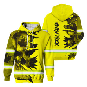 Hi Vis Hoodie Reflective Tapes Yellow Neon Skull Canada Flag Scratch Custom Name Safety Workwear For Workers, Runners, Cyclists, Patriotic
