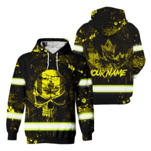 Hi Vis Hoodie Reflective Tapes Yellow Neon Skull Paint Flakes Canada Flag Safety Workwear For Workers, Runners, Cyclists, Patriotic