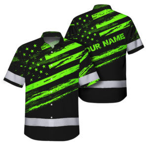 Custom Name Reflective Hi Vis Hawaiian Shirt - US Flag Patriotic Safety Workwear