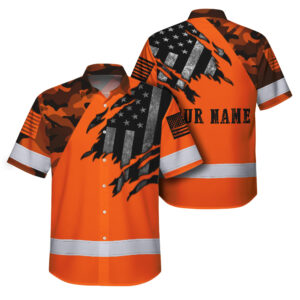 Hi Vis Hawaiian Shirt For Men Camo Orange Neon Scratch US Flag Custom Name Safety Workwear