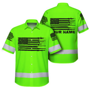Hi Vis Hawaiian Shirt Green Neon Reflective Gun US Flag Custom Name Safety Workwear For Runners, Patriotic