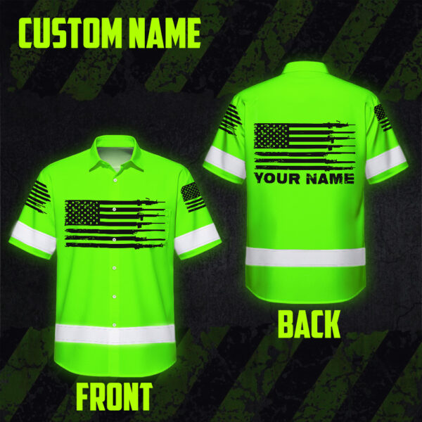 Hi-Vis-Hawaiian-Shirt-Green-Neon-Reflective-Gun-US-Flag-Custom-Name-Safety-Workwear-For-Runners,-Patriotic-2