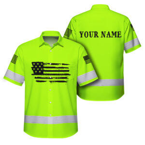 Hi Vis Hawaiian Shirt Green Neon Reflective US Flag Custom Name For Workers Runners Patriotic