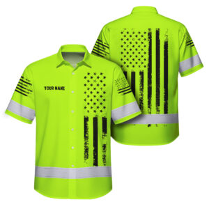 Hi Vis Hawaiian Shirt Reflective Black American Flag Custom Name Safety Workwear For Workers, Truckers, Operators