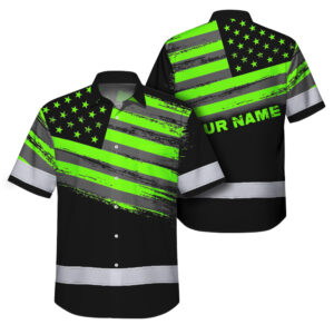 Hi Vis Hawaiian Shirt Reflective Green Neon American Flag Custom Name Safety Workwear For Workers, Truckers, Operators