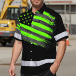 Hi-Vis-Hawaiian-Shirt-Reflective-Green-Neon-American-Flag-Custom-Name-Safety-Workwear-For-Workers,-Truckers,-Operators-3