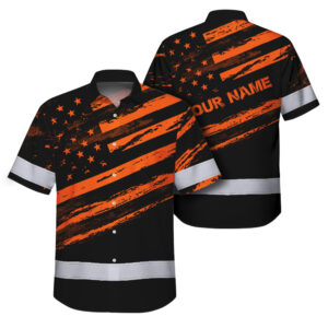 Hi Vis Hawaiian Shirt Reflective Orange American Flag Custom Name Safety Workwear For Workers, Truckers, Operators