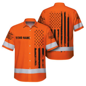 Hi Vis Hawaiian Shirt Reflective Orange And Black American Flag Custom Name Safety Workwear For Workers, Truckers, Operators