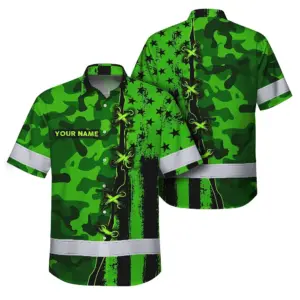 Hi Vis Hawaiian Shirt Custom Name, Pattern Skull Camo Reflective Safety Workwear For Workers, Runners, Truckers, Skull Lovers